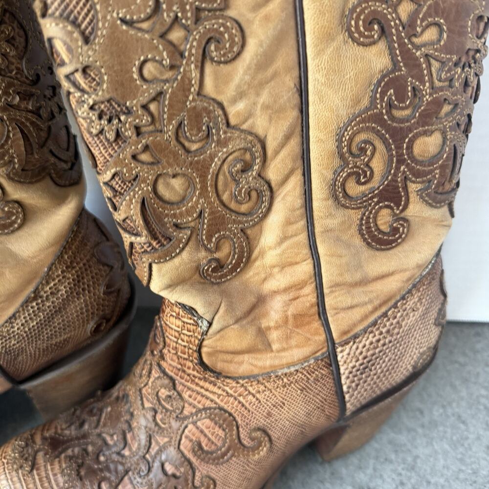 Cuadra Genuine Teju Lizard Cowboy Boots Women Brown Scroll Overlay Size 8 - Picture 4 of 11